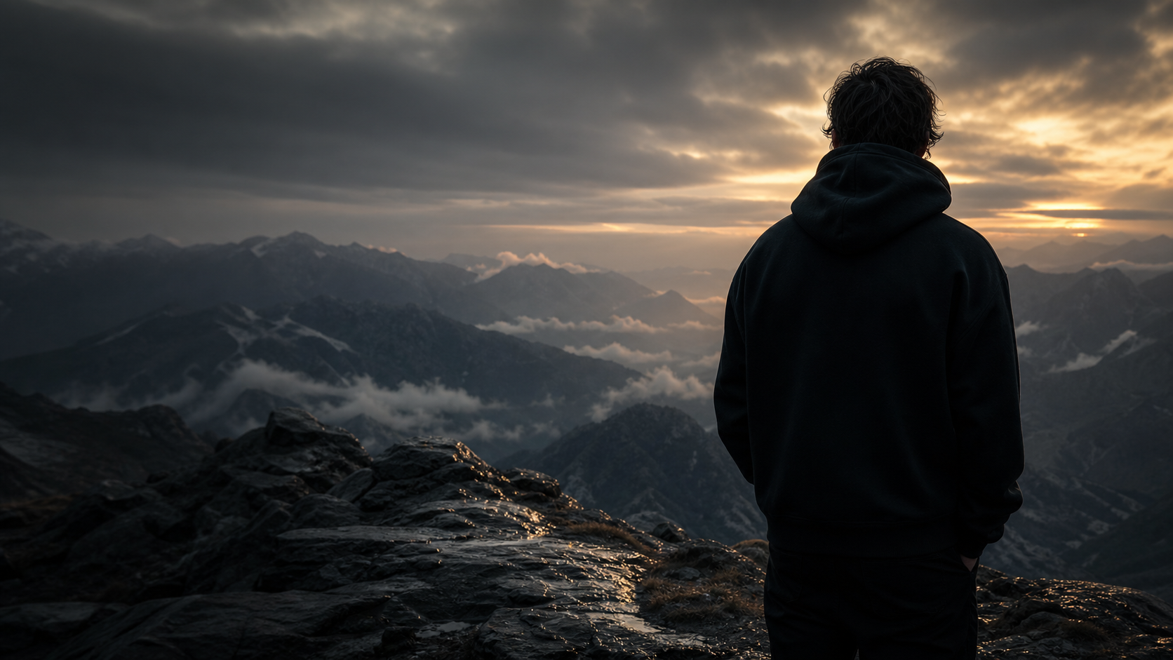 Una persona con sudadera negra contempla una cordillera al amanecer
